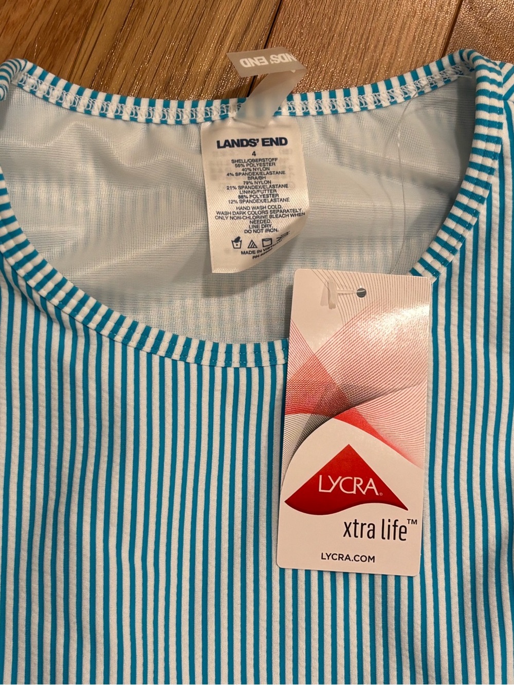 4 Piece Lands' End Blue, Red, Yellow & White Striped Swim Set Bikini/Rash Guards - Picture 2 of 7